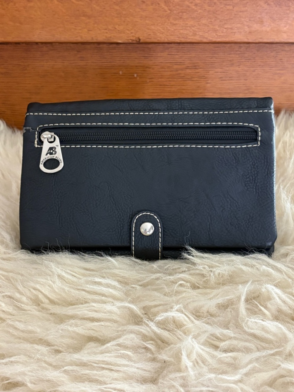 Embroidered Black Leather Foldover Wallet Clutch with Multicolor Accents - Picture 3 of 7
